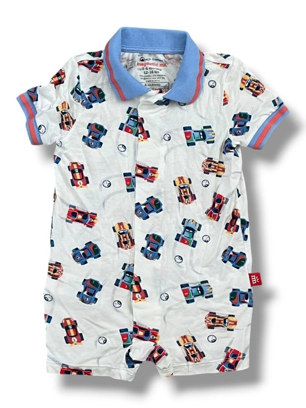 Magnetic Me Racecar Formula Fun Polo Short Sleeve Romper Size 3-6M